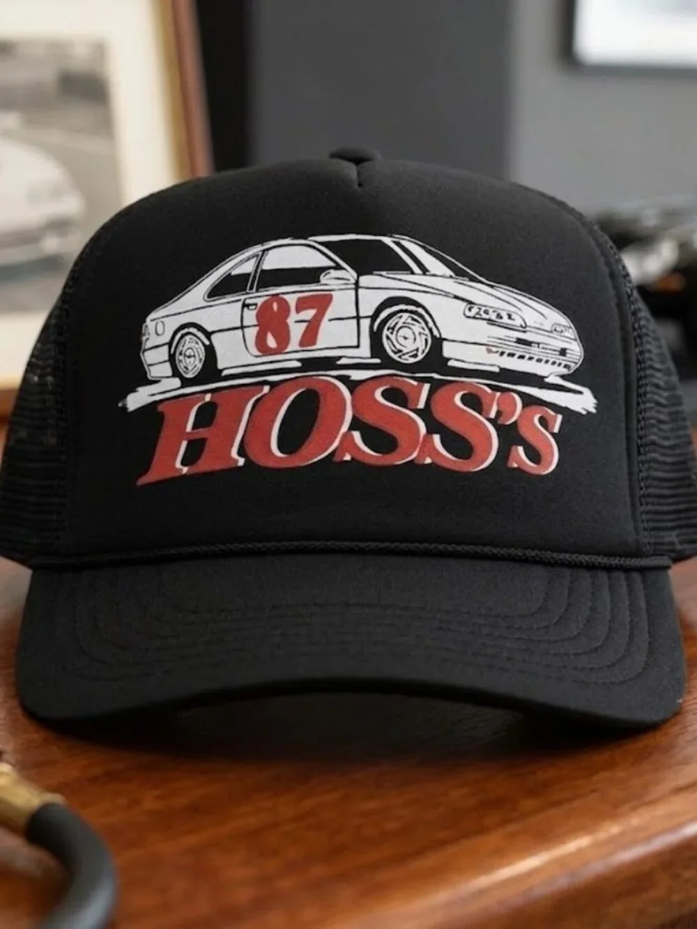 Hoss's 87 Race Car Printed Black Foam Rope Trucker Hat Snapback Cap New 80s USA